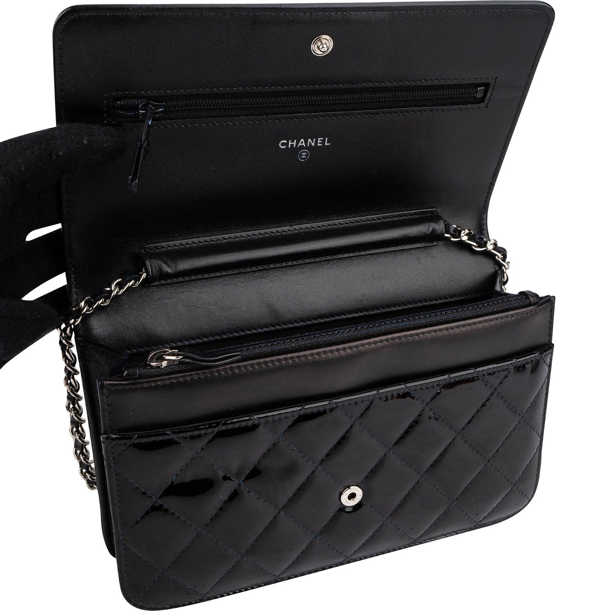 Chanel Patent Leather Quilted Boy Wallet On Chain Crossbody Bag