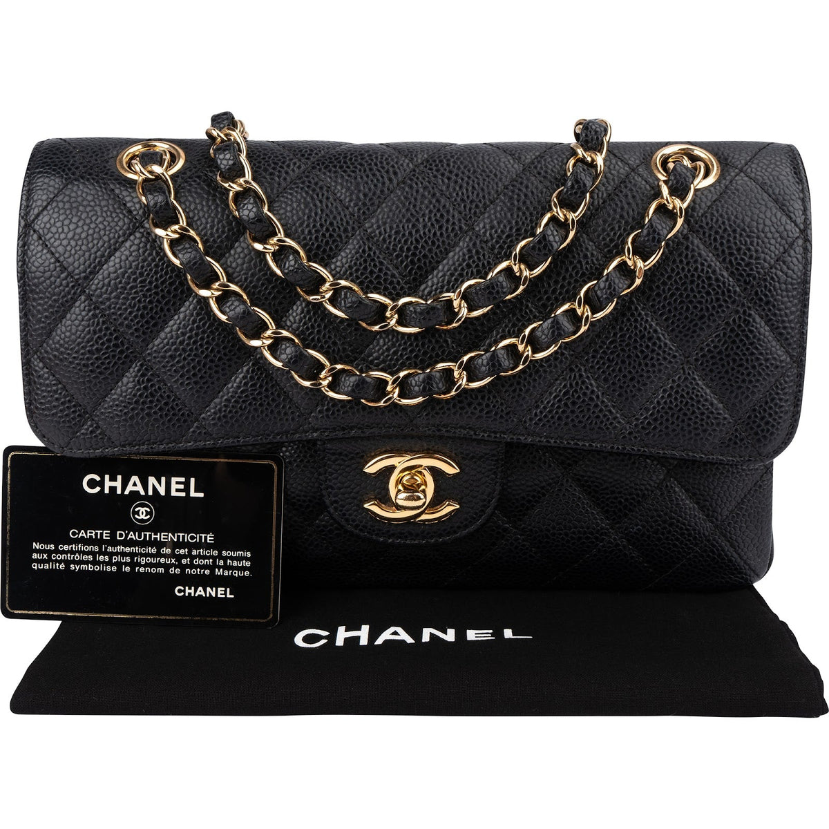 Chanel Quilted Caviar Leather Gold Small Double Flap Shoulder Bag