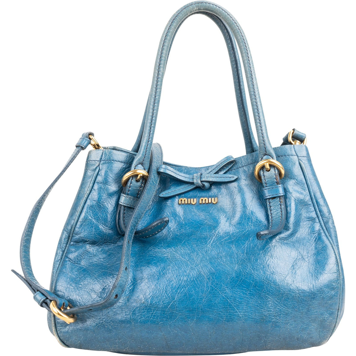 Miu Miu Blue Vitello Lux Leather Small Front Bow Handbag