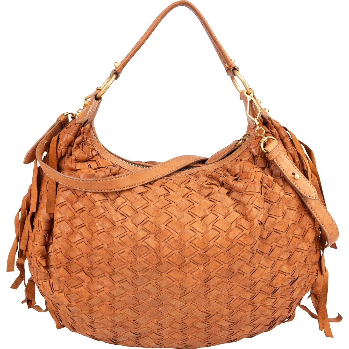 Miu Miu Woven Leather Fringe Hobo Shoulder Bag