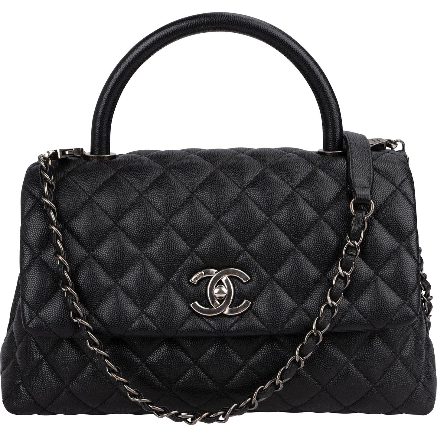 Chanel Quilted Caviar Leather Palladium Coco Handle Single Flap Handbag
