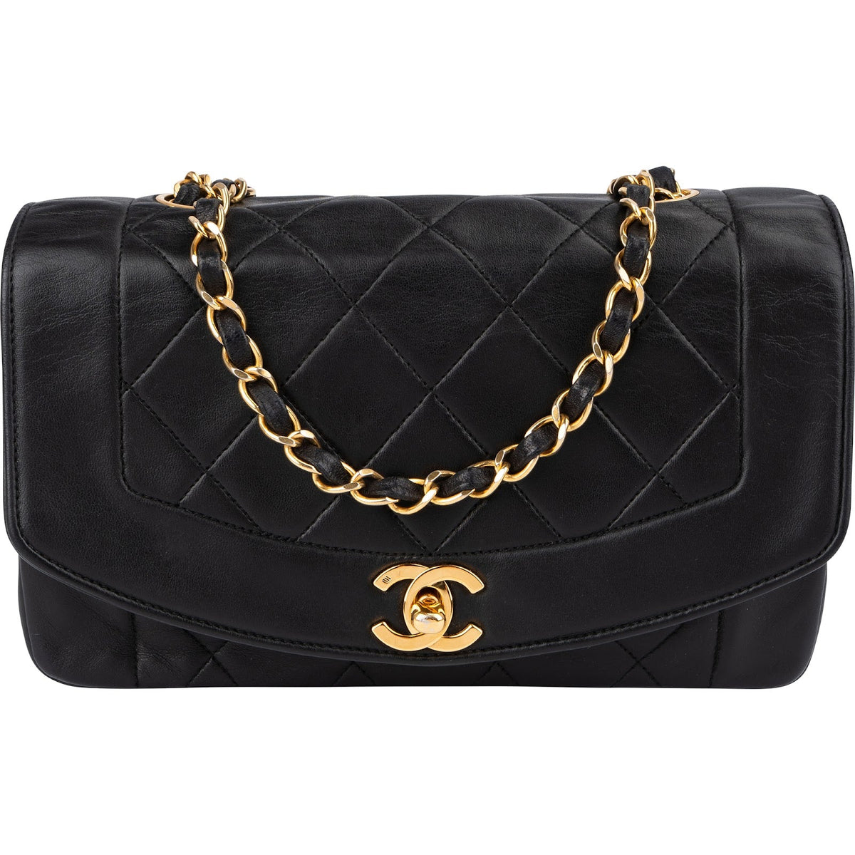 Chanel Quilted Lambskin 24K Gold Diana Single Flap Crossbody Bag