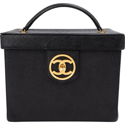 Chanel Black Caviar Leather 24K Gold CC Top Handle Vanity Case Handbag
