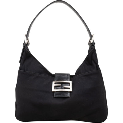 Fendi Black Cotton Baguette Buckle Shoulder Bag
