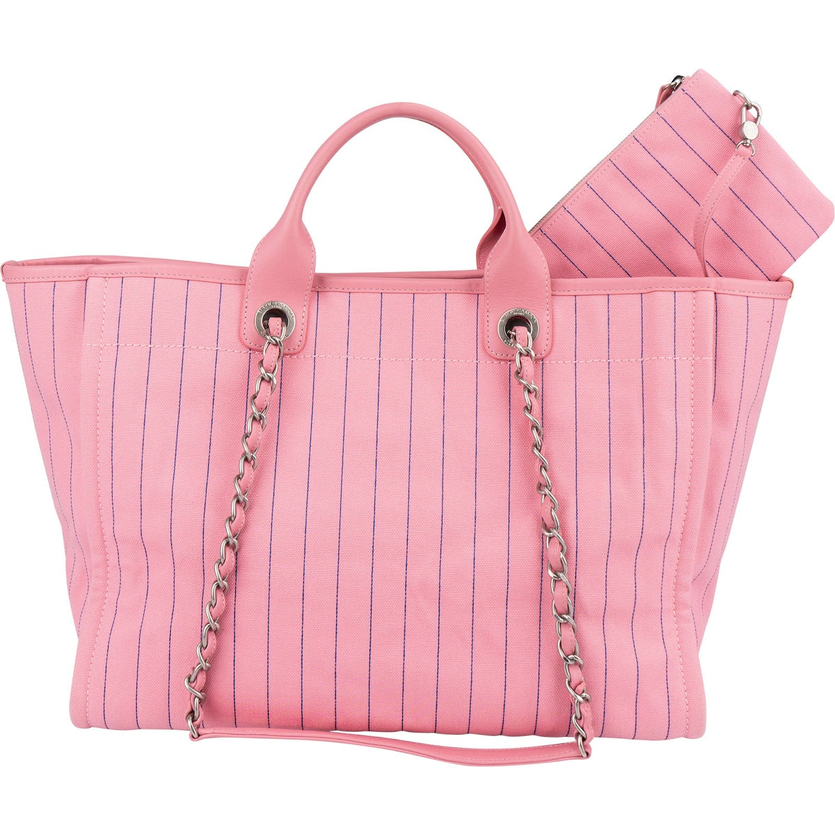 Chanel Canvas Pinstripe Baseball Bicolor Deauville Tote Shopper Shoulder Bag