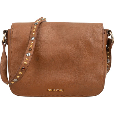 Miu Miu Brown Grained Leather Studded Bow Shoulder Bag