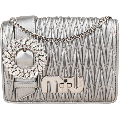 Miu Miu Metallic Silver Matelassé Nappa Leather Crystal Small Crossbody Bag