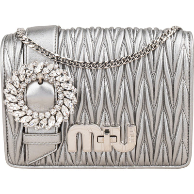 Miu Miu Metallic Silver Matelassé Nappa Leather Crystal Small Crossbody Bag