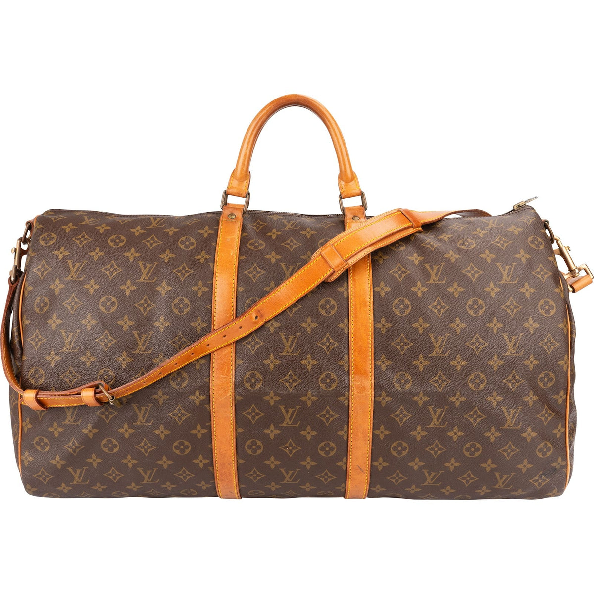 Louis Vuitton Monogram Canvas Keepall 60 Bandoulière aus Canvas und Vachetta-Leder – Vorderansicht