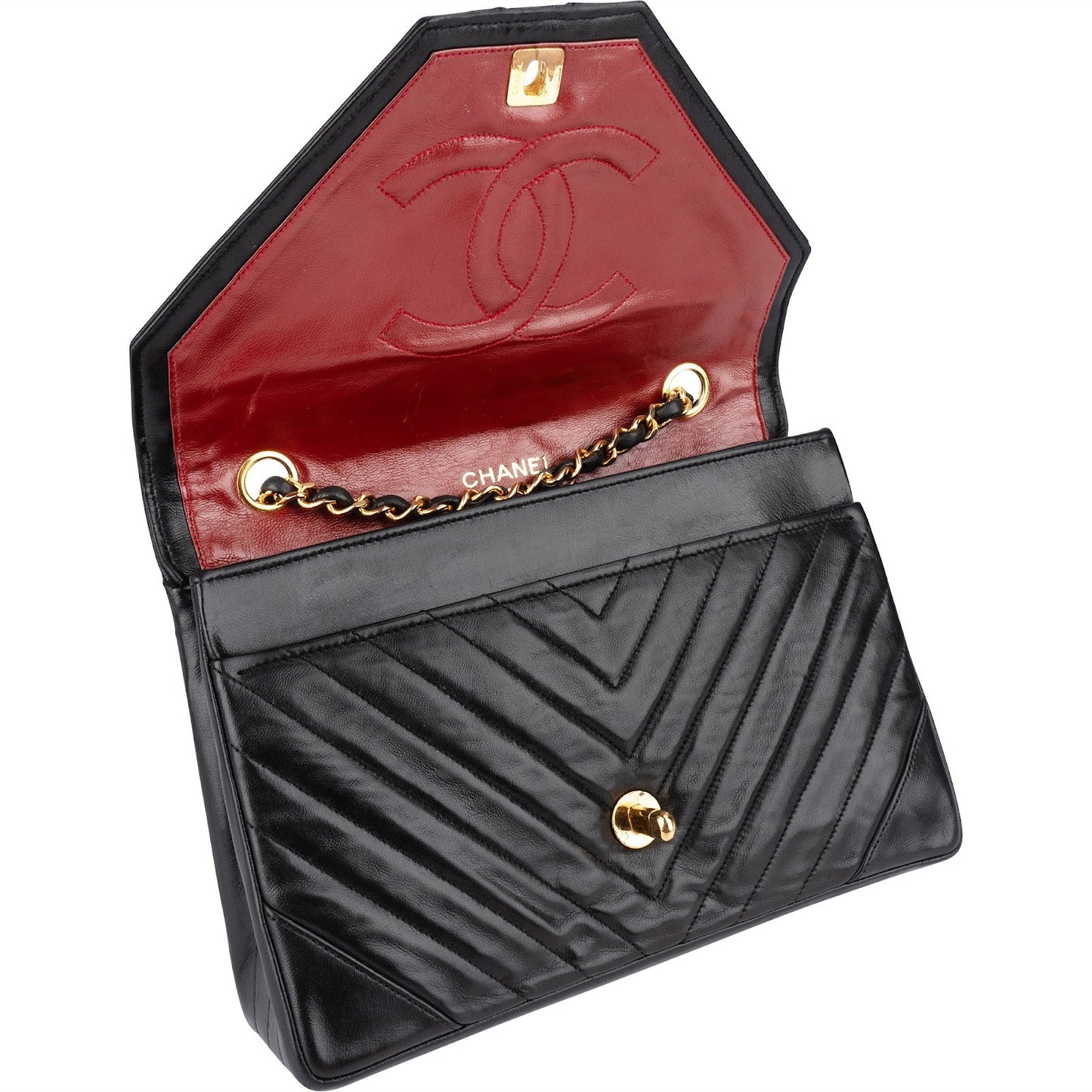 Chanel Chevron Lambskin 24K Gold Single Flap Shoulder Bag