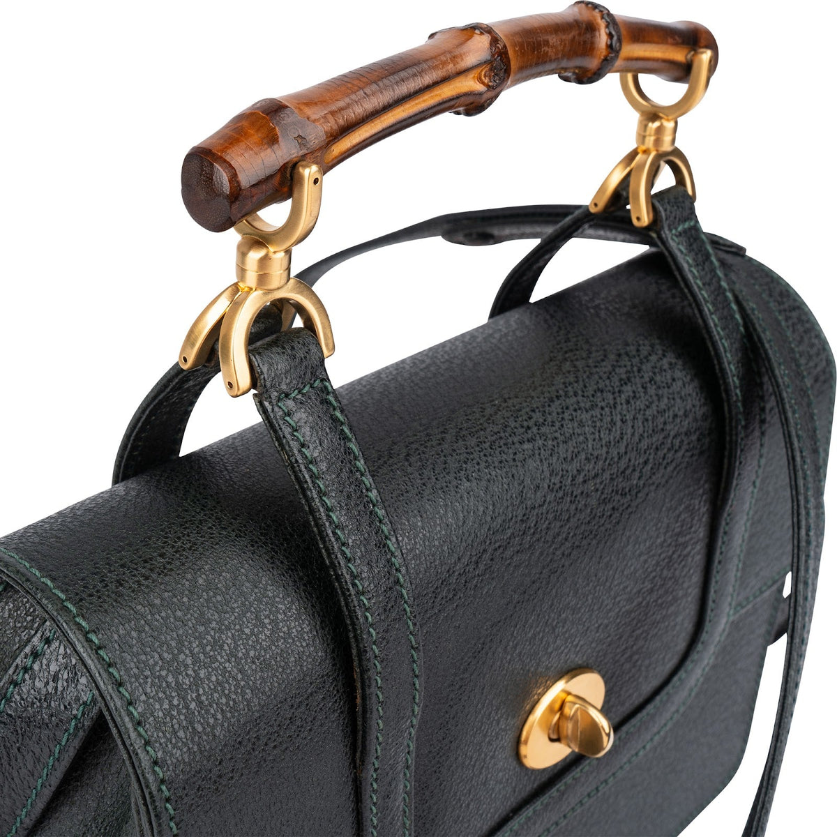 Gucci Grained Leather Bamboo Top Handle Turnlock Crossbody Handbag