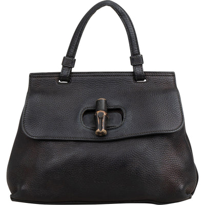 Gucci Black Pebbled Leather Bamboo Handbag