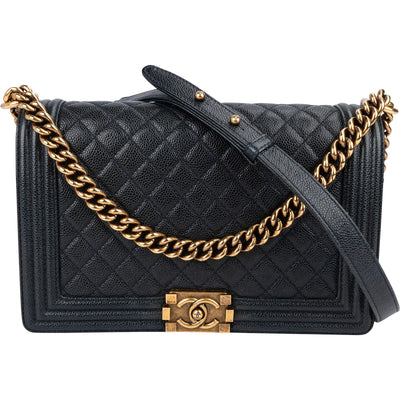 Chanel Quilted Navy Caviar Leather Large Boy Single Flap Crossbody Bag