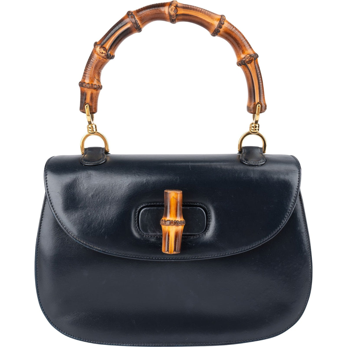 Gucci Navy Smooth Leather Bamboo Top Handle Bag Handbag