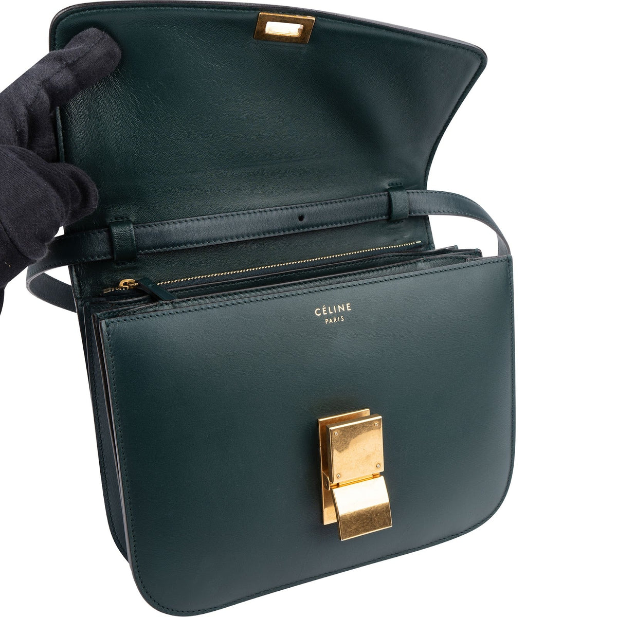 Celine Classic Box Medium aus dunkelgrünem Box-Kalbsleder – Ansicht 8