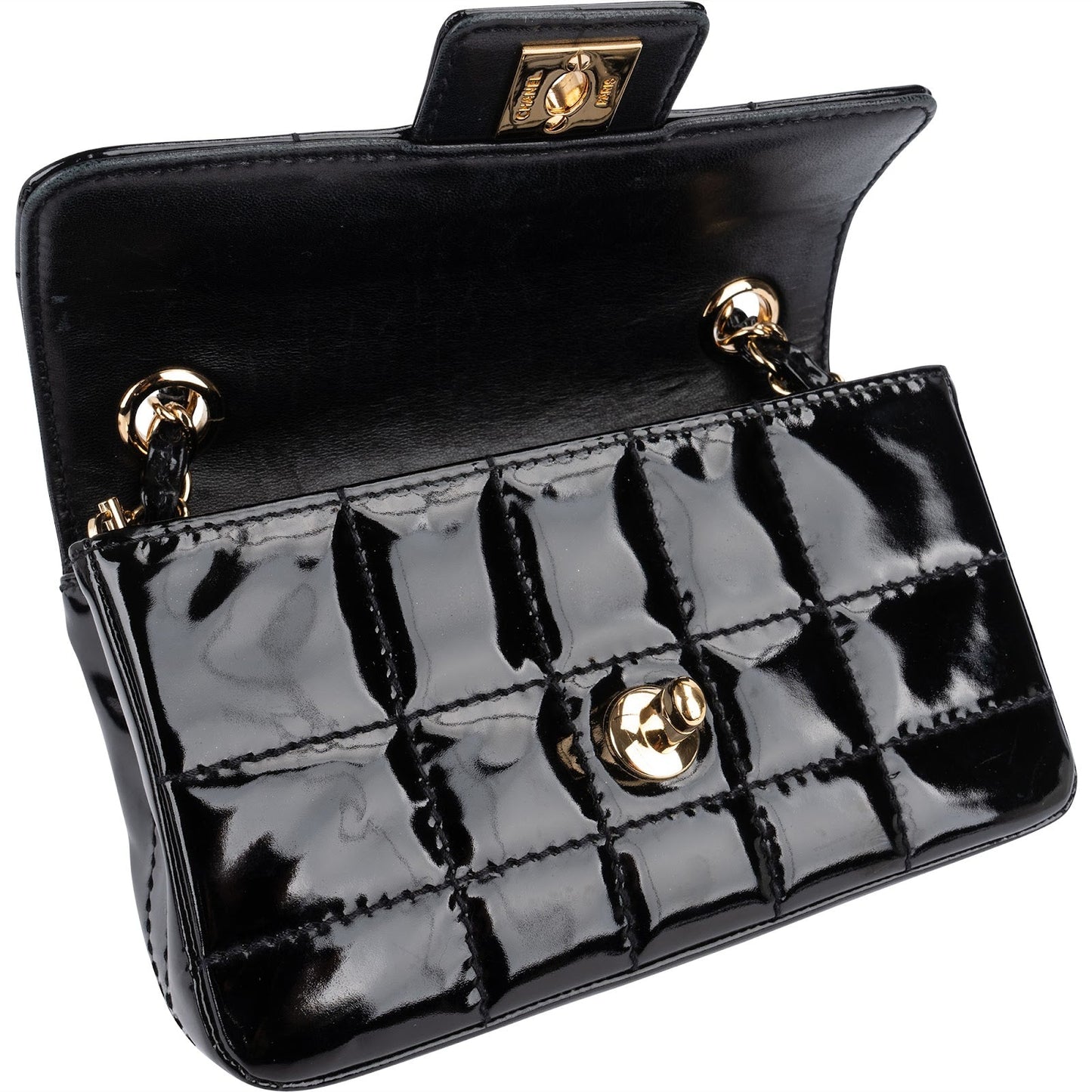 Chanel Patent Leather Chocolate Bar 24K Gold Single Flap Crossbody Bag