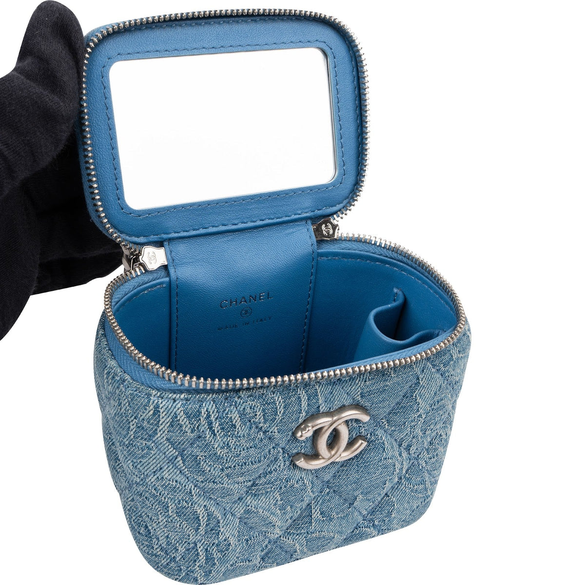 Chanel Quilted Denim Camellia Monogram Adjustable Mini Vanity Case Crossbody Bag