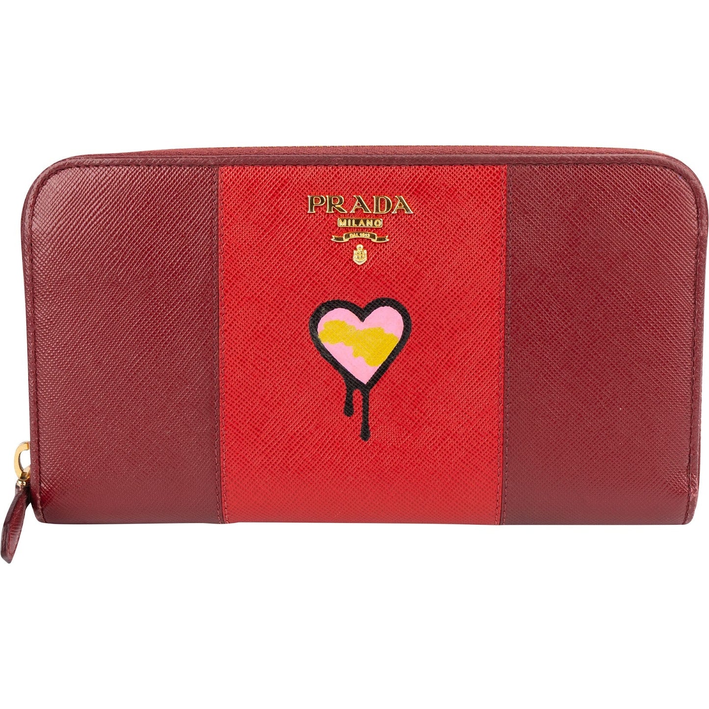 Prada Saffiano Leather Heart Print Zip Around Wallet