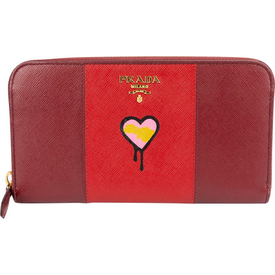 Prada Saffiano Leather Heart Print Zip Around Wallet