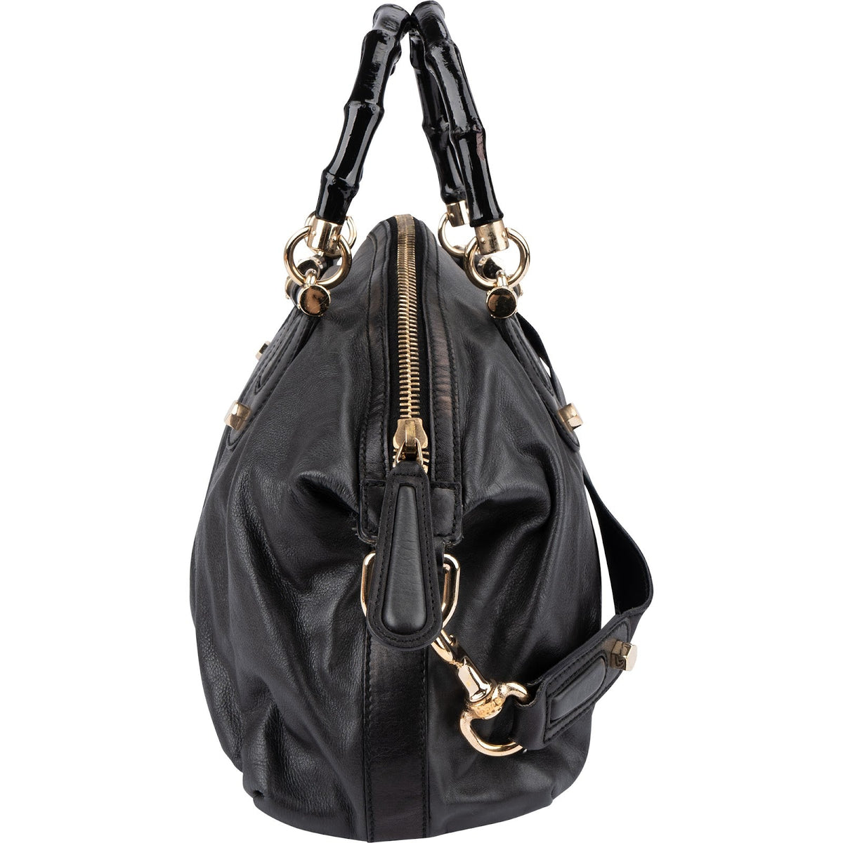 Gucci Black Leather New Bamboo Top Handle Bowling Handbag