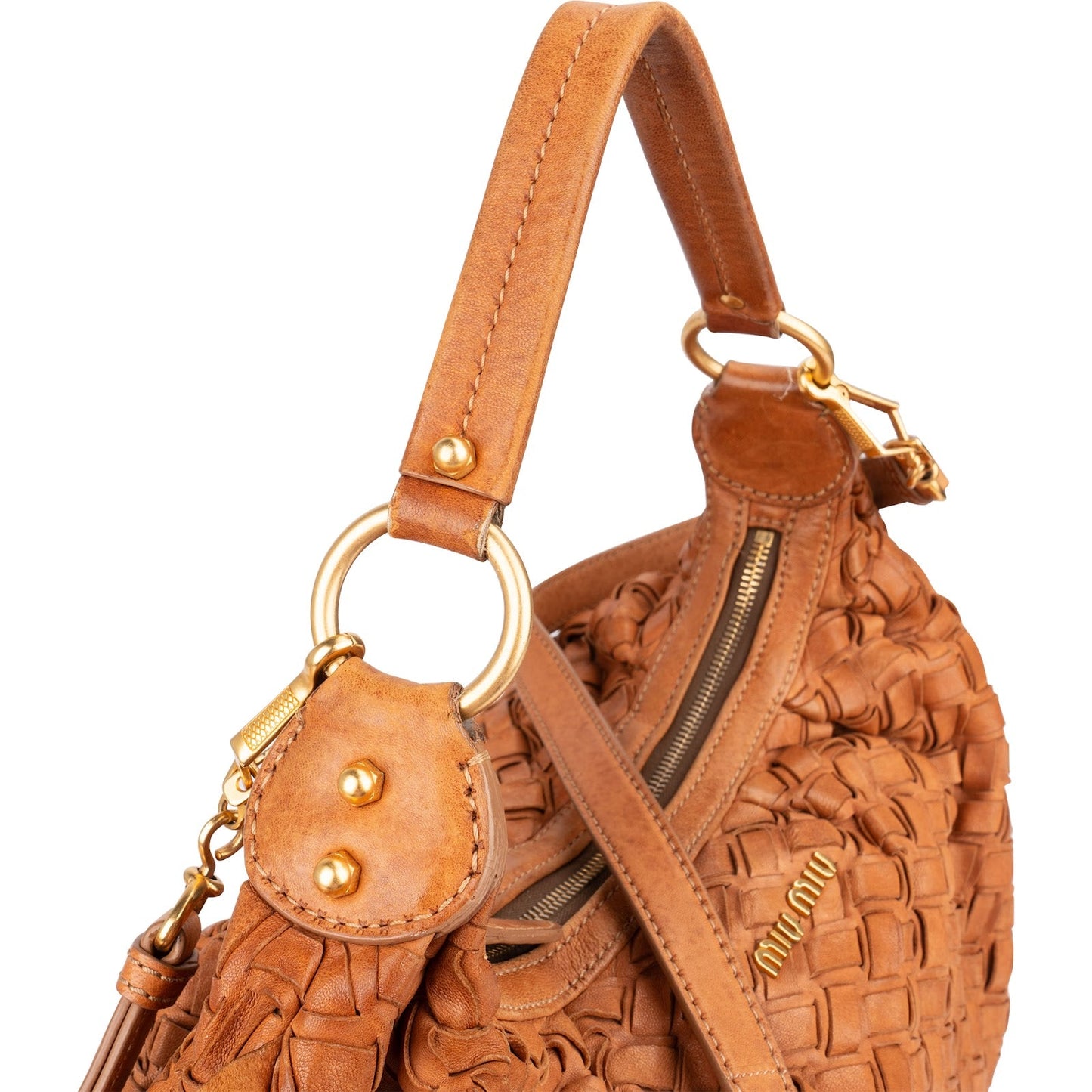 Miu Miu Woven Leather Fringe Hobo Shoulder Bag