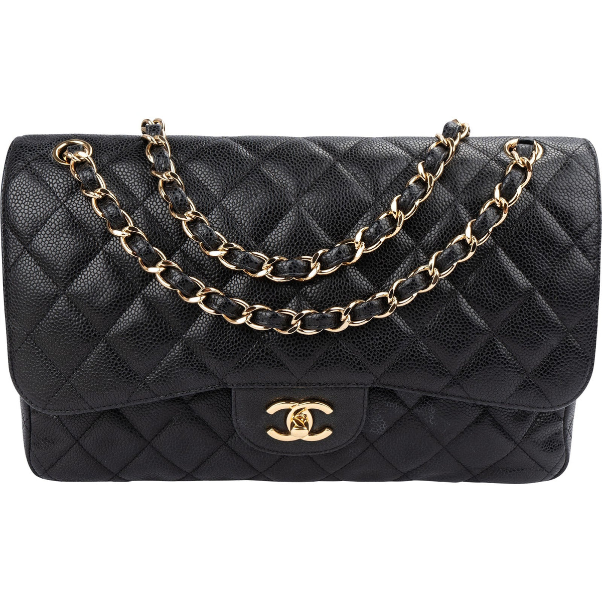 Chanel Quilted Caviar Leather Gold Jumbo Double Flap Crossbody Bag