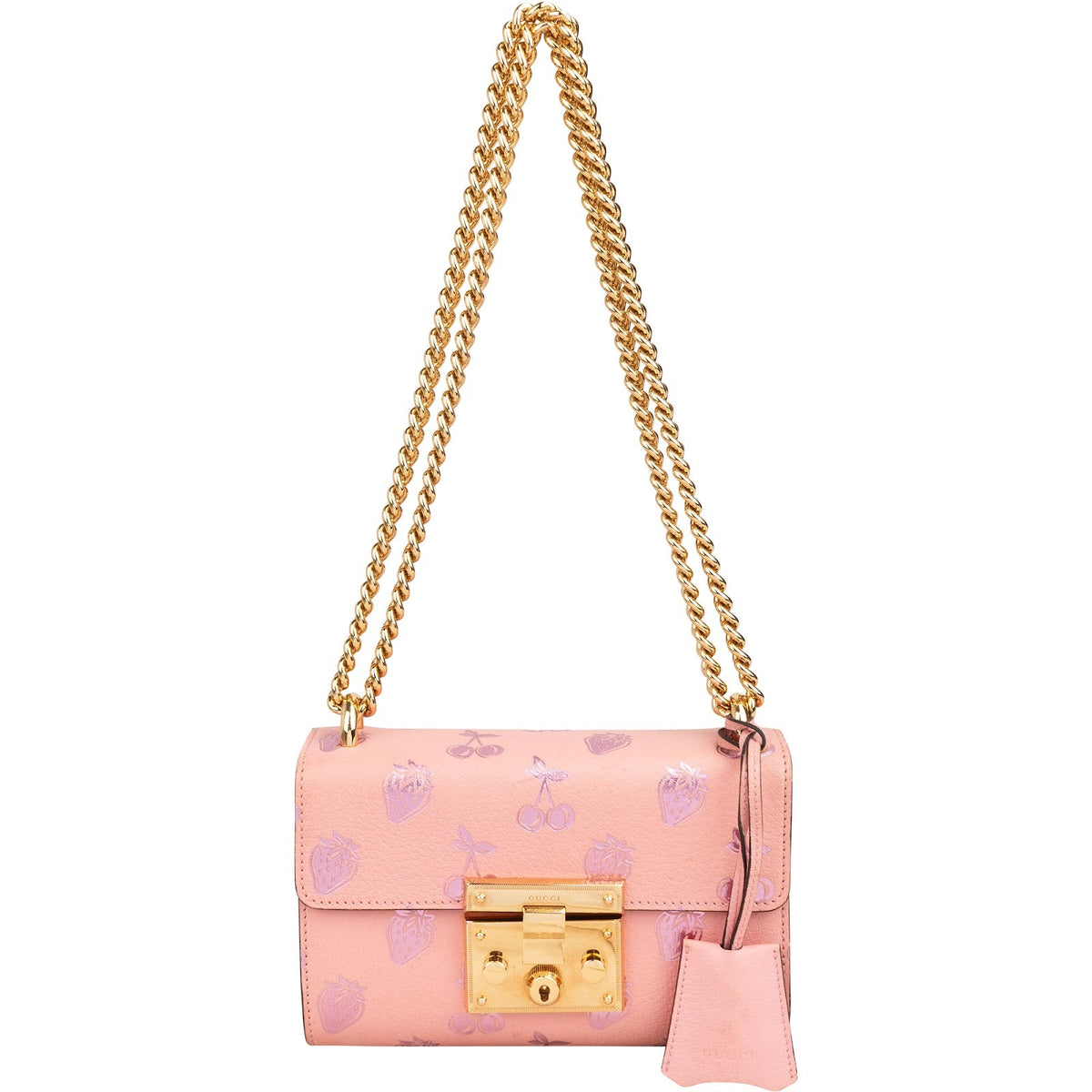 Gucci Pink Leather Glitter Embossed Fruits Small Padlock Crossbody Bag
