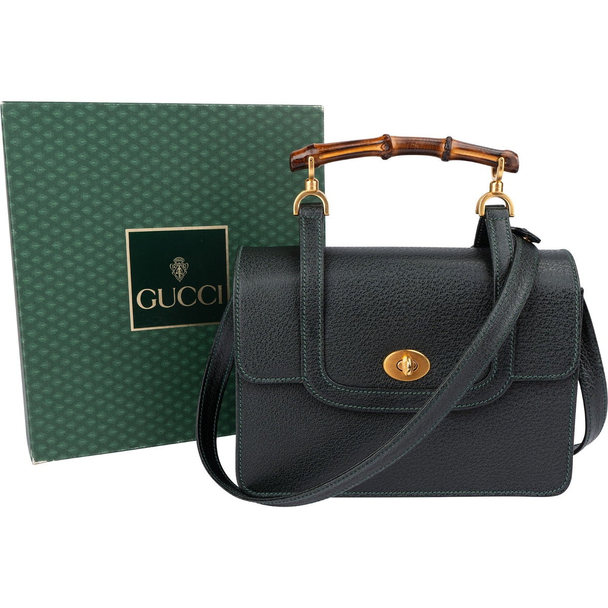 Gucci Grained Leather Bamboo Top Handle Turnlock Crossbody Handbag