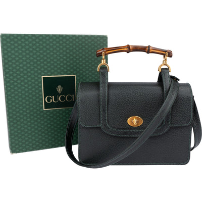 Gucci Grained Leather Bamboo Top Handle Turnlock Crossbody Handbag