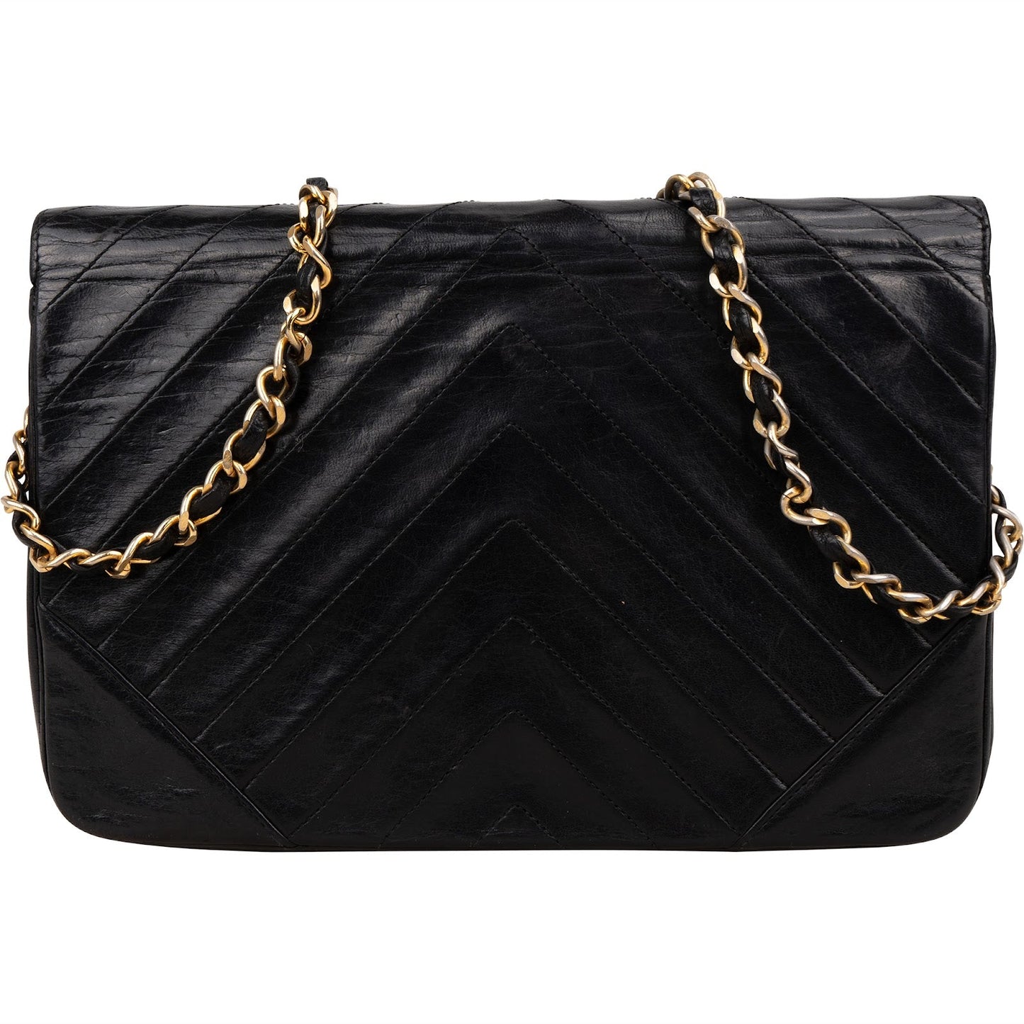 Chanel Chevron Lambskin 24K Gold Single Flap Shoulder Bag