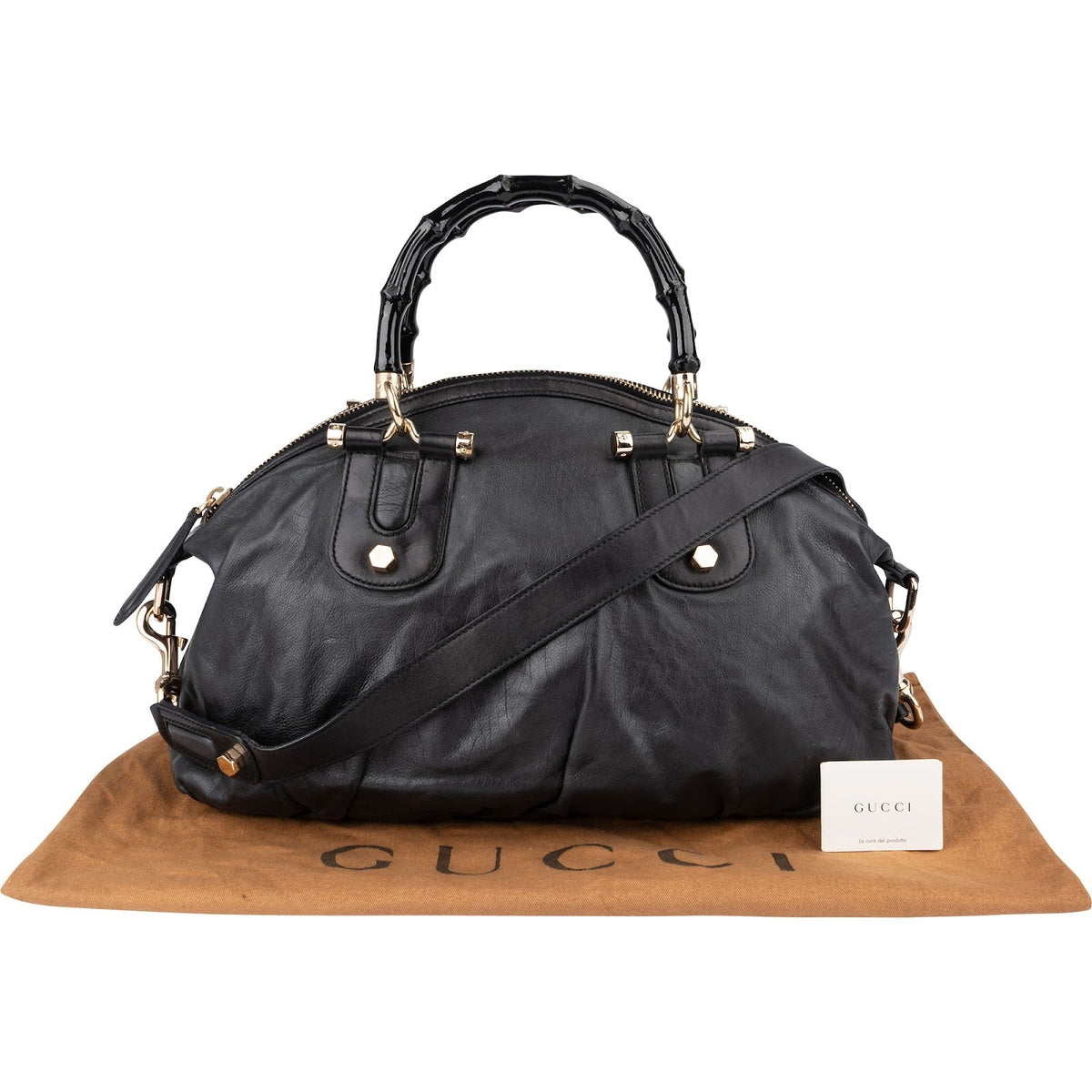Gucci Black Leather New Bamboo Top Handle Bowling Handbag