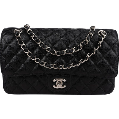 Chanel Quilted Caviar Leather Palladium Medium Double Flap Shoulder Bag
