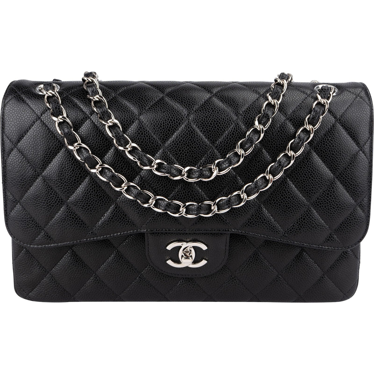 Chanel Quilted Caviar Leather Palladium Double Flap Jumbo Crossbody Bag