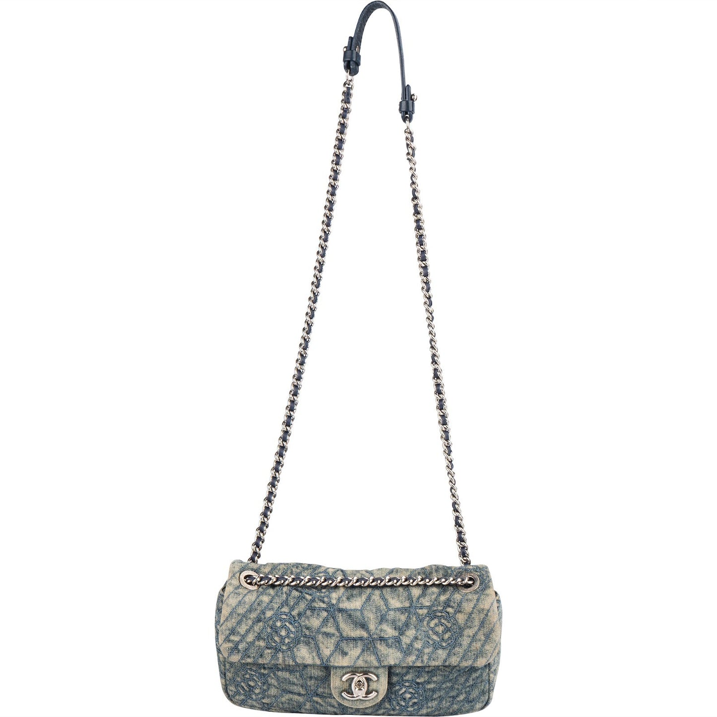 Chanel Denim Camellia Single Flap Crossbody Bag