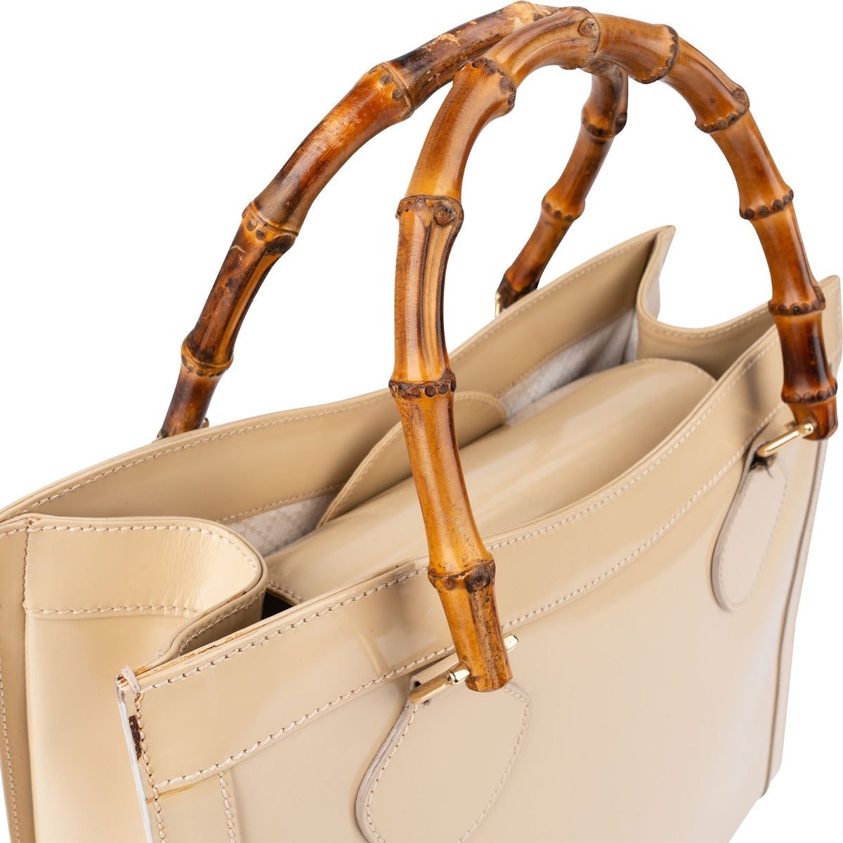 Gucci Beige Patent Leather Bamboo Tote Handbag