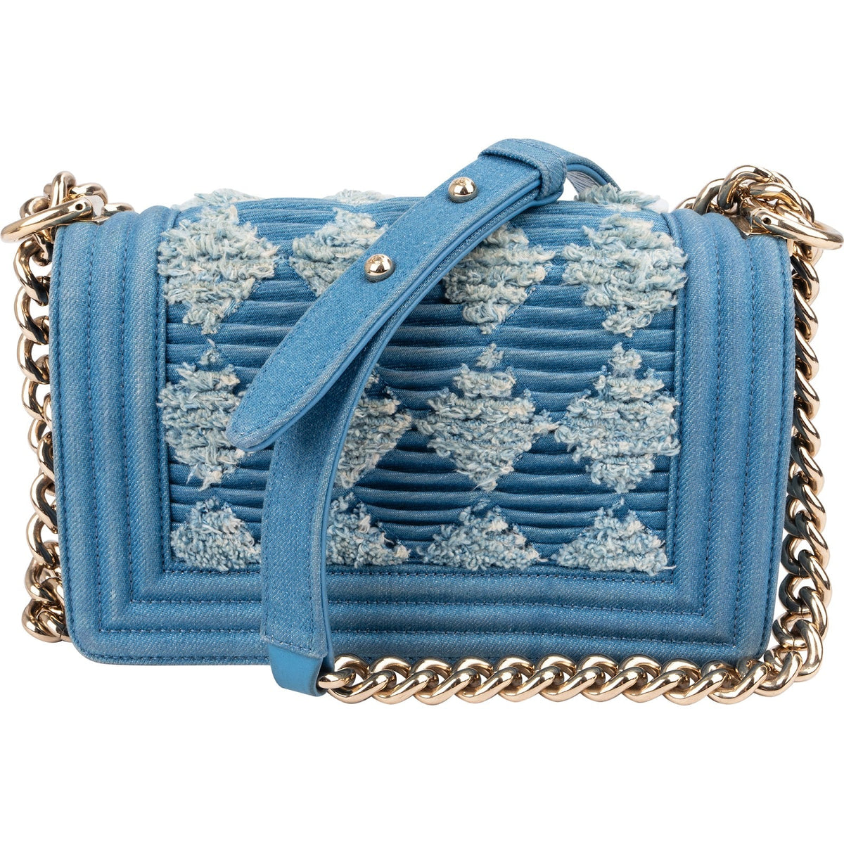 Chanel Denim Frayed Chevron Pleated Small Boy Crossbody Bag