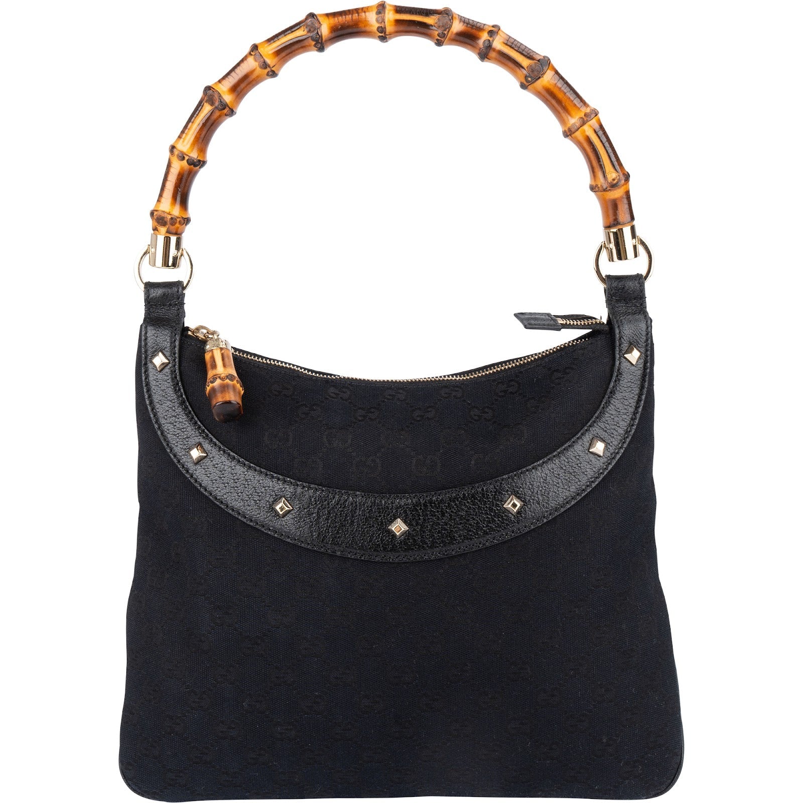 Gucci Monogram GG Studded Bamboo Hobo Handbag