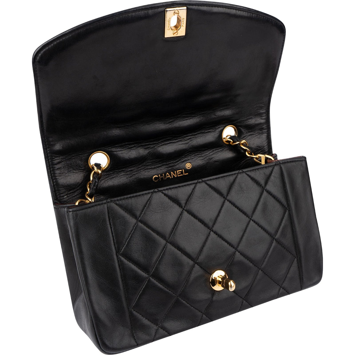 Chanel Quilted Lambskin 24K Gold Diana Single Flap Crossbody Bag