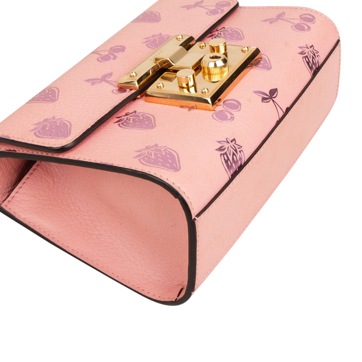 Gucci Pink Leather Glitter Embossed Fruits Small Padlock Crossbody Bag