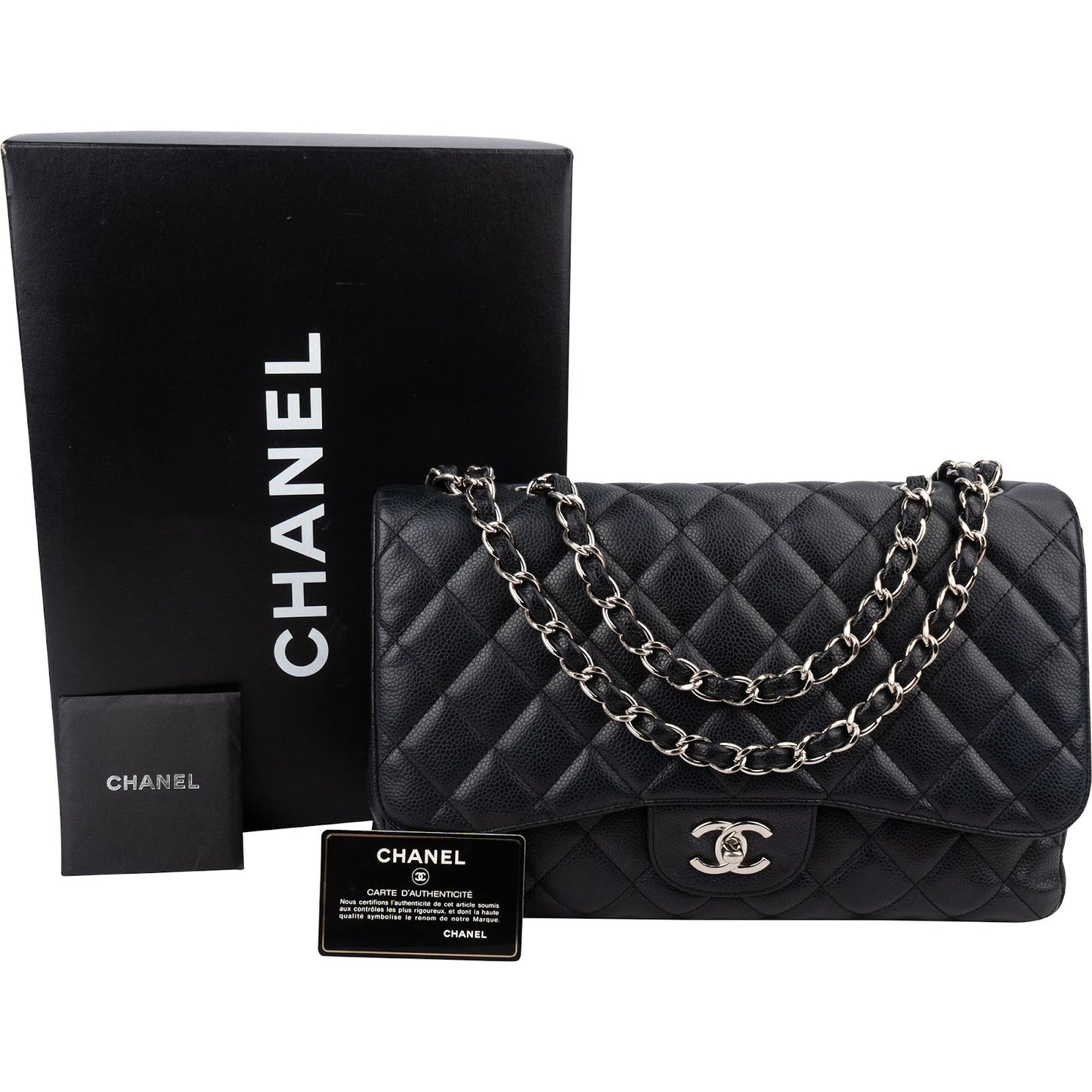 Chanel Quilted Caviar Leather Palladium Jumbo Single Flap Crossbody Bag