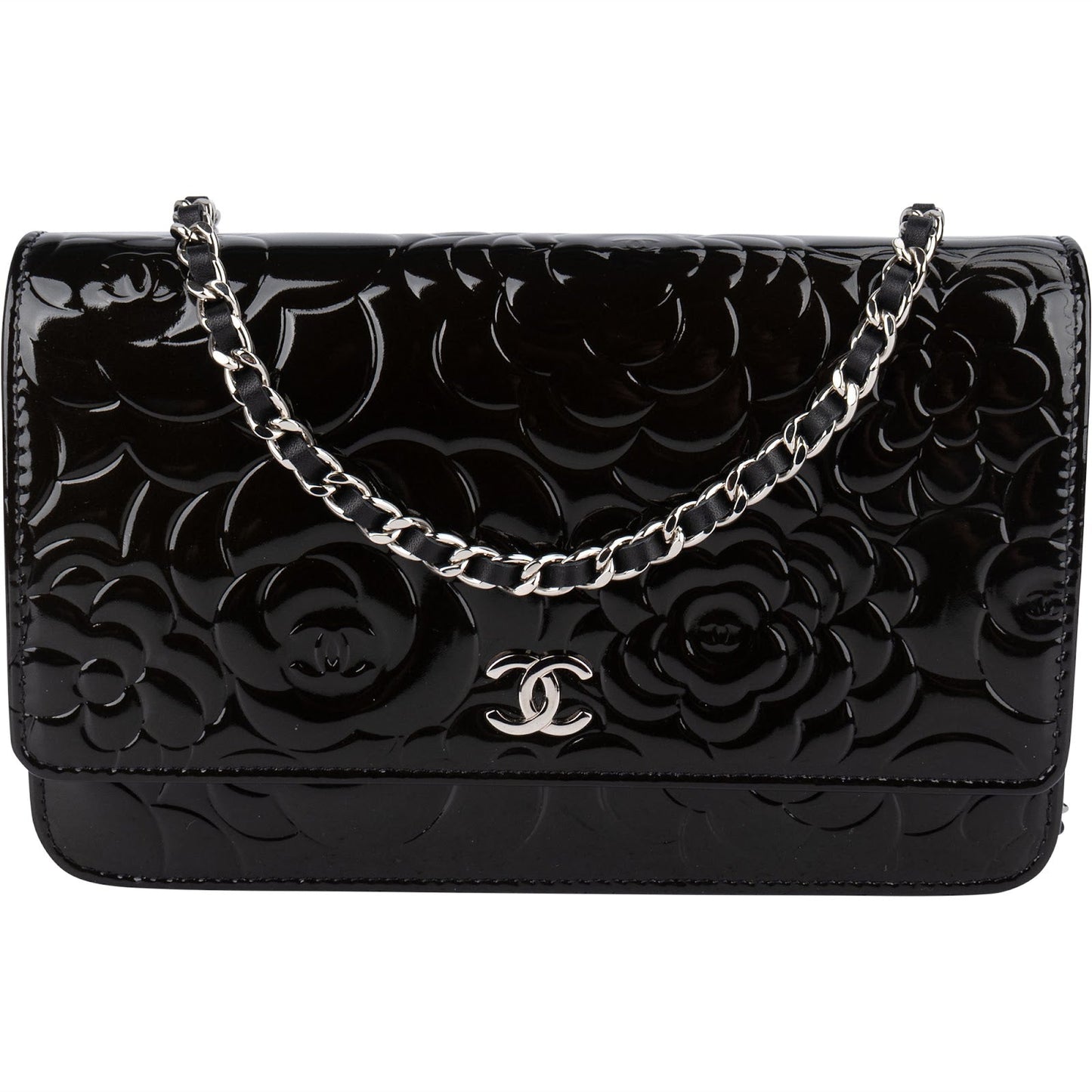 Chanel Patent Embossed Leather Camellia Wallet On Chain Crossbody Bag