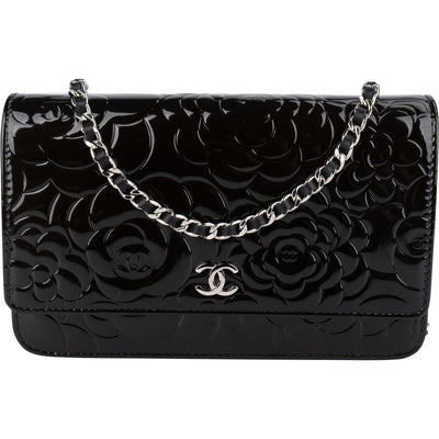 Chanel Patent Embossed Leather Camellia Wallet On Chain Crossbody Bag