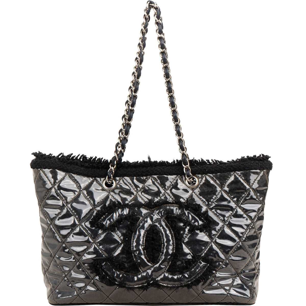 Chanel Patent Leather Fringed CC Large Shopping Tote Shoulder Bag