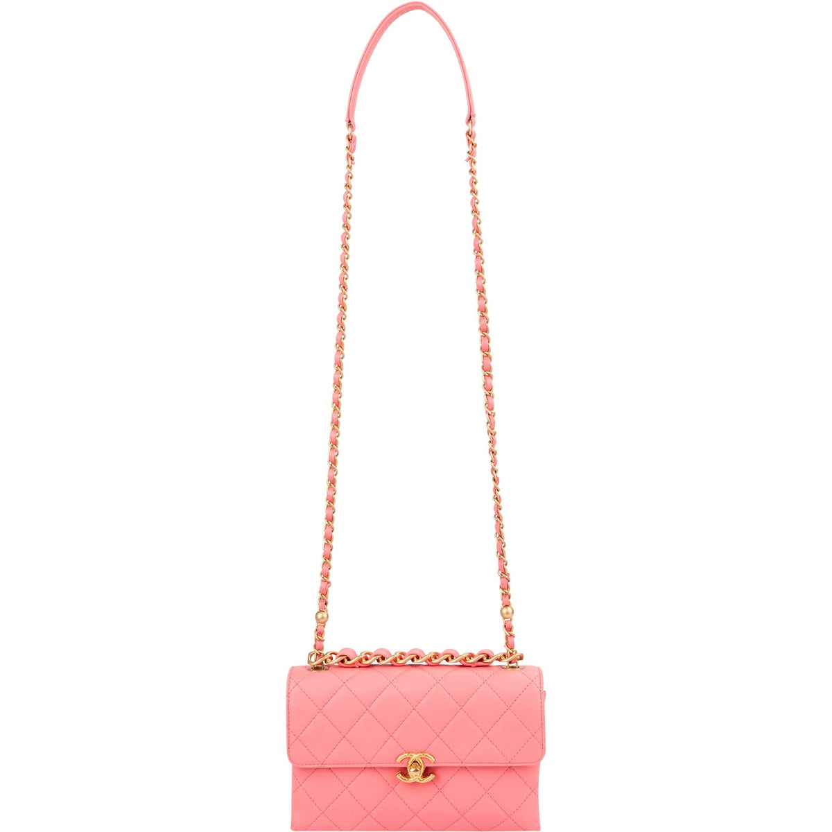Chanel Pink Leather Quilted Lambskin Top Handle Single Flap Crossbody Bag