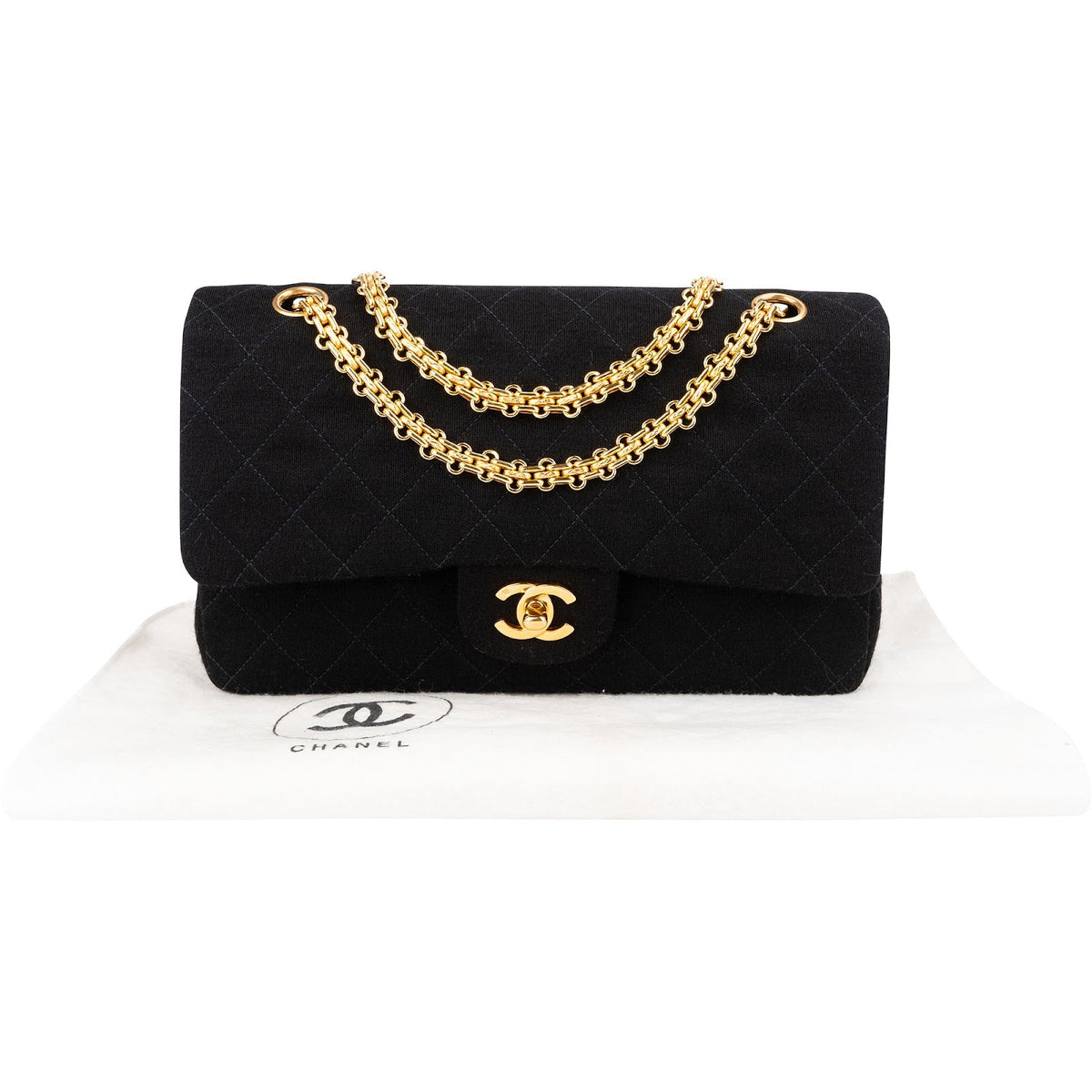 Chanel Quilted Jersey 24K Gold Medium Double Flap Crossbody Bag