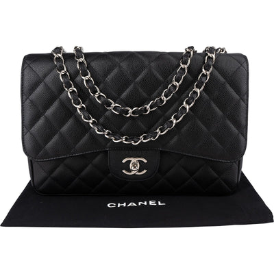 Chanel Quilted Caviar Leather Palladium Jumbo Singe Flap Crossbody Bag