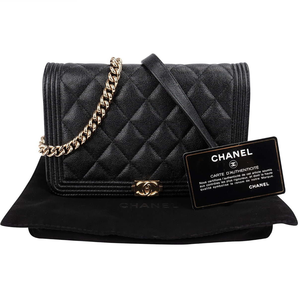 Chanel Quilted Caviar Leather Small Boy Wallet On Chain Crossbody Bag