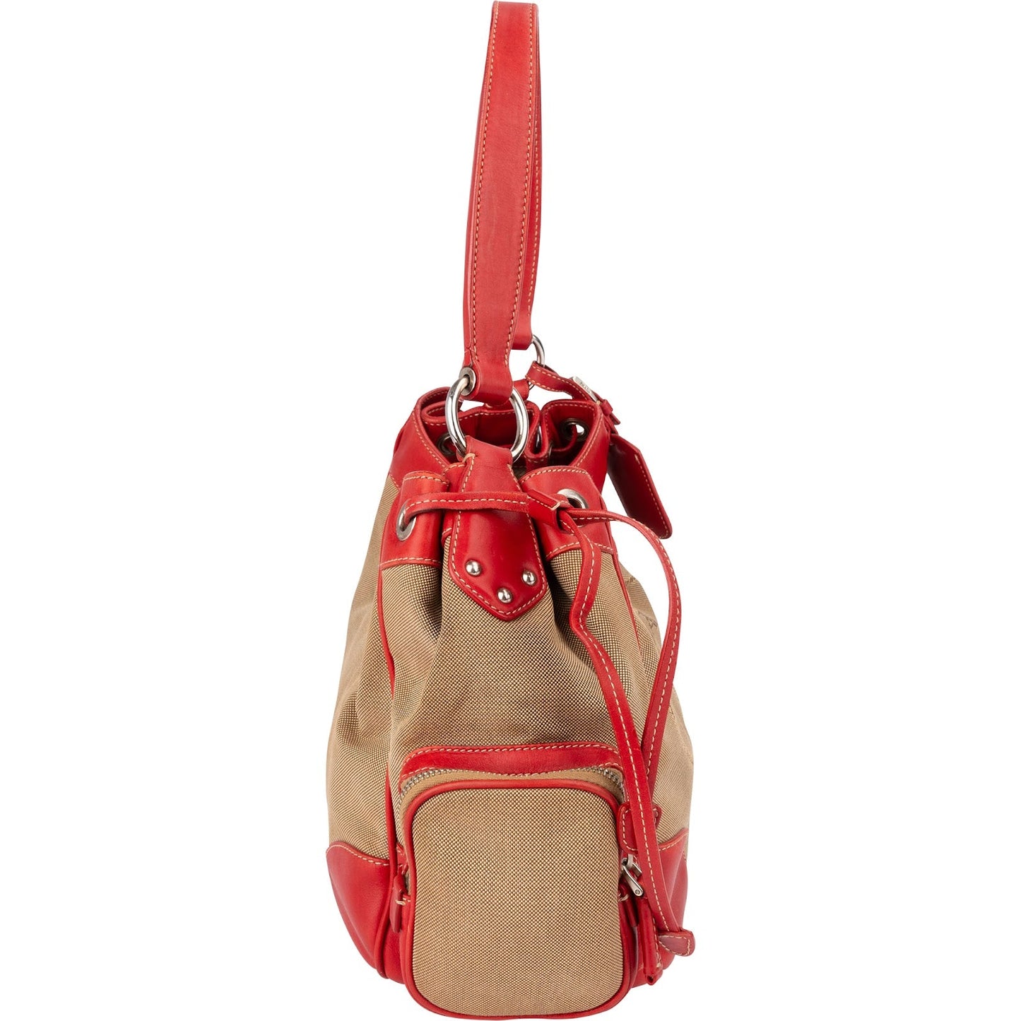 Prada Canvas Emblem Side Drawstring Pocket Shoulder Bag