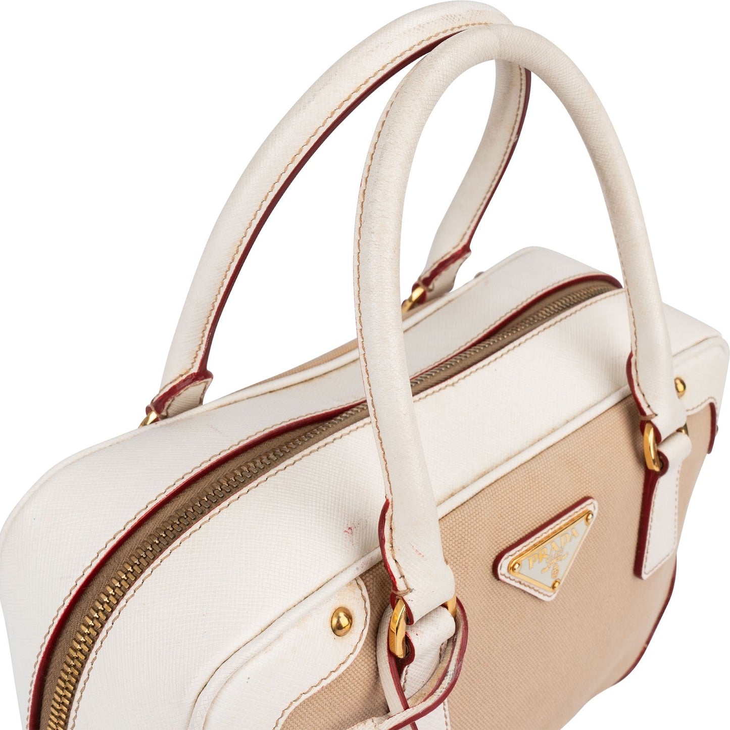 Prada Canvas Saffiano Leather Bauletto Handbag