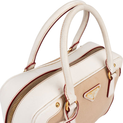 Prada Canvas Saffiano Leather Bauletto Handbag